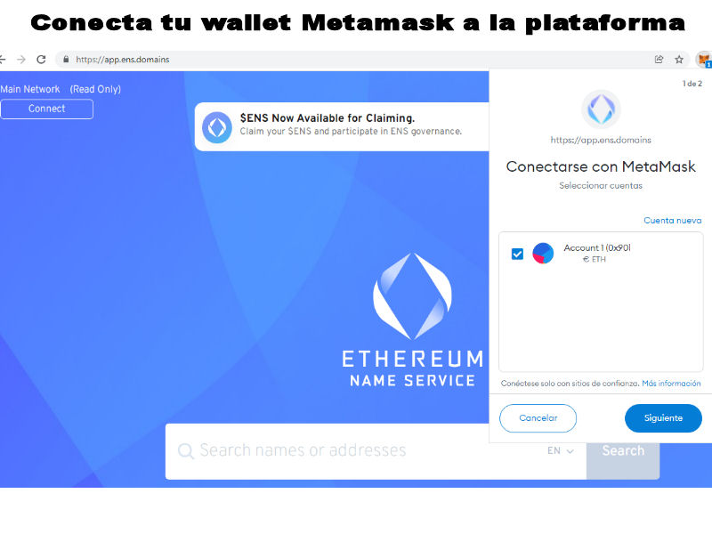 Como conectar wallet metamask para comprar dominios eth